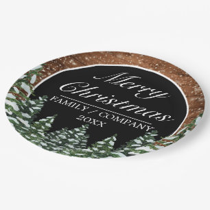 Black Snowy Wood & Forest Pine Merry Christmas Paper Plate