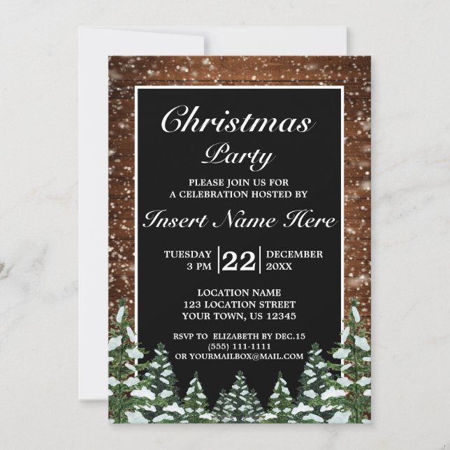 Black Snowy Wood Forest Pine Merry Christmas Party Invitation (Front)