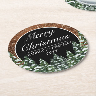 Black Snowy Wood & Forest Pine Merry Christmas Round Paper Coaster
