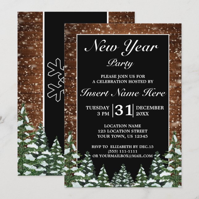 Black Snowy Wood & Forest Pine New Year Party Invitation (Front/Back)