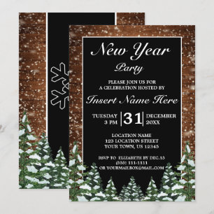 Black Snowy Wood & Forest Pine New Year Party Invitation