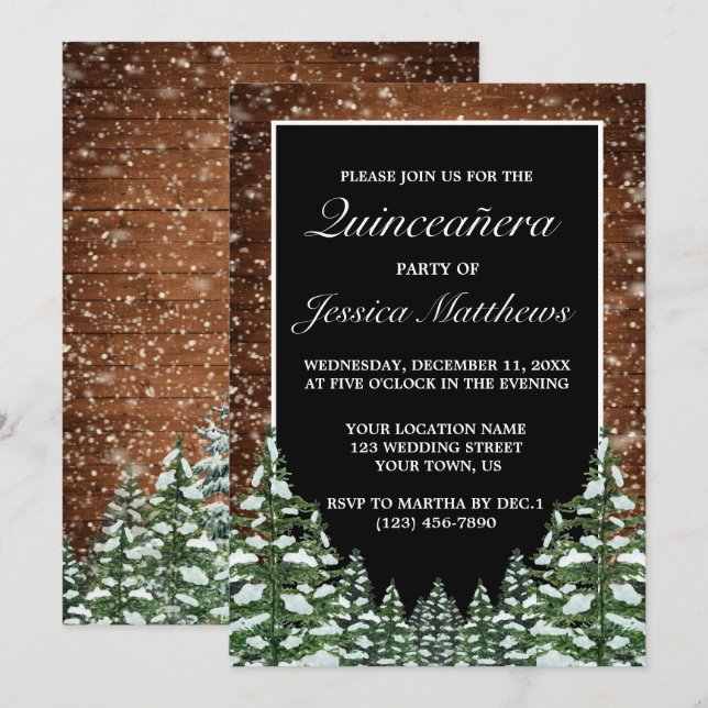 Black Snowy Wood & Forest Pine Quinceañera Invitation (Front/Back)
