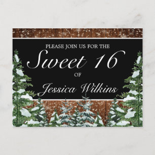 Black Snowy Wood & Forest Pine Sweet 16 Announcement Postcard