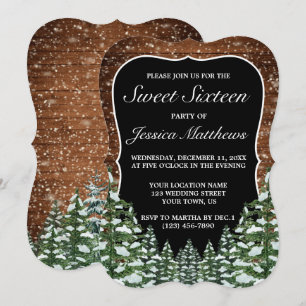 Black Snowy Wood & Forest Pine Sweet 16 Invitation