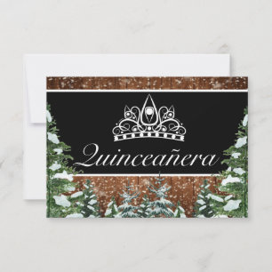 Black Snowy Wood & Forest Pine Tiara Qinceanera RSVP Card