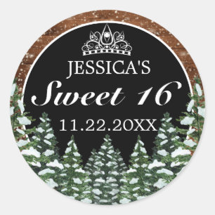 Black Snowy Wood & Forest Pine Tiara Sweet 16 Classic Round Sticker