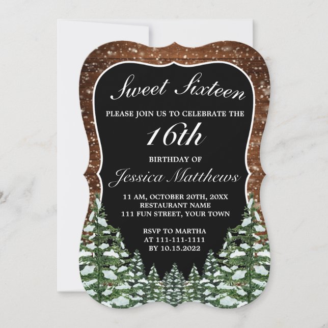Black Snowy Wood & Forest Pine Tiara Sweet 16 Invitation (Front)