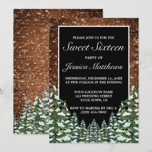 Black Snowy Wood & Forest Pine Tiara Sweet 16 Invitation