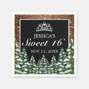 Black Snowy Wood & Forest Pine Tiara Sweet 16 Napkin
