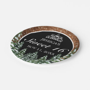 Black Snowy Wood & Forest Pine Tiara Sweet 16 Paper Plate