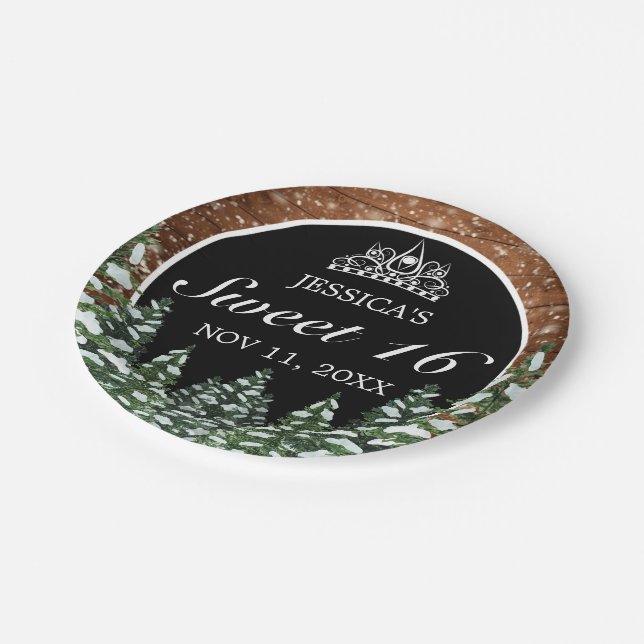 Black Snowy Wood & Forest Pine Tiara Sweet 16 Paper Plate (Angled)