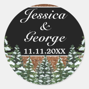 Black Snowy Wood & Forest Pine Wedding Classic Round Sticker