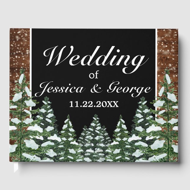 Black Snowy Wood & Forest Pine Wedding Guest Book (Front)