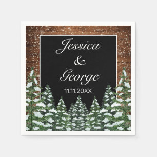 Black Snowy Wood & Forest Pine Wedding Napkin