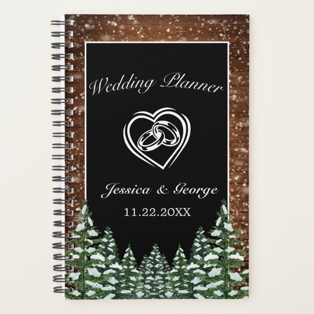 Black Snowy Wood & Forest Pine Wedding Planner (Front)