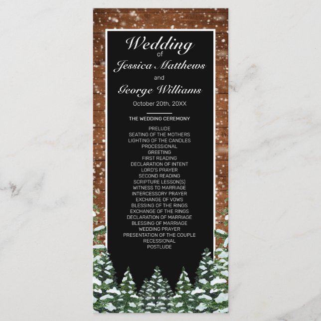 Black Snowy Wood & Forest Pine Wedding Programme (Front)