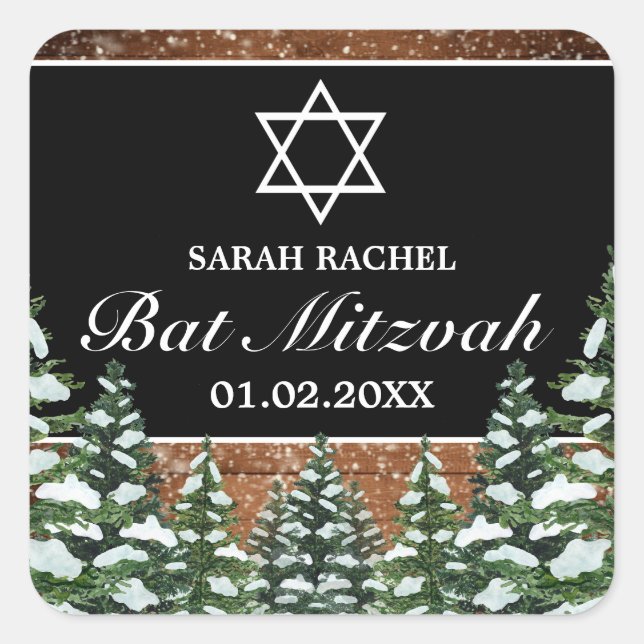 Black Snowy Wood & Forest Rural Pine Bat Mitzvah Square Sticker (Front)