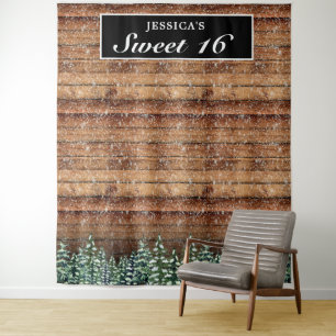Black Snowy Wood Forest Sweet 16 Photo Background Tapestry
