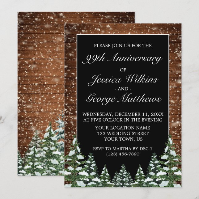 Black Snowy Wood & Forest Wedding Anniversary Invitation (Front/Back)