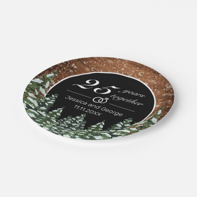 Black Snowy Wood & Forest Wedding Anniversary Paper Plate (Angled)