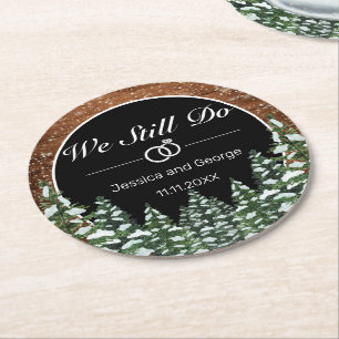 Black Snowy Wood & Forest Wedding Anniversary Round Paper Coaster