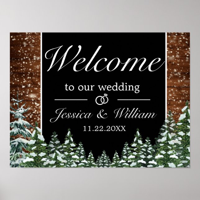 Black Snowy Wood & Forest Wedding Welcome Sign (Front)