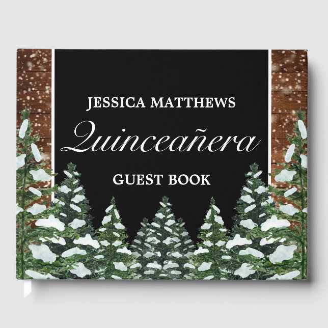 Black Snowy Wood Pine Tiara Quinceañera Birthday Guest Book (Front)
