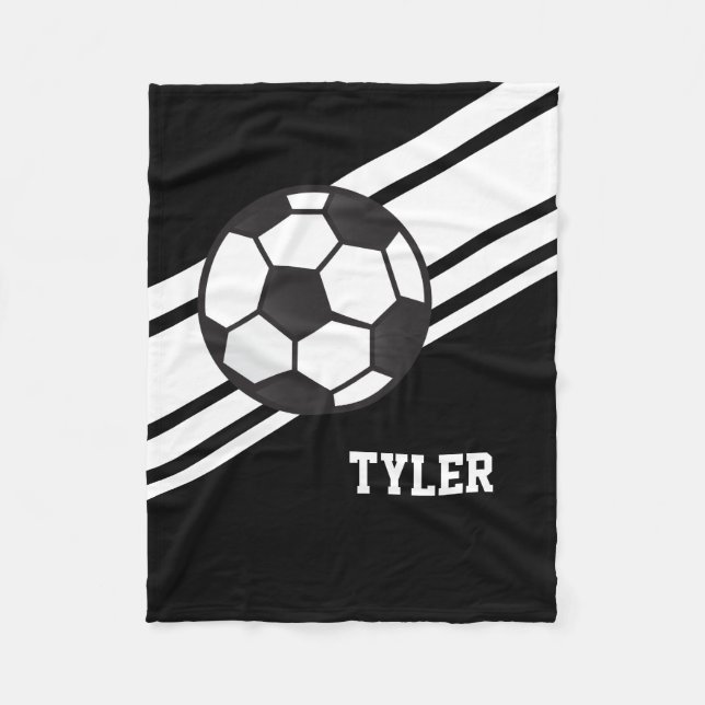 Black Soccer Ball Sports Personalised Name Fleece Blanket (Front)