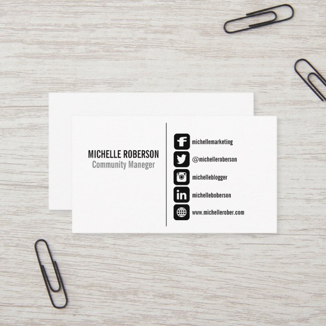 Black social media symbols on white background business card (Front/Back In Situ)
