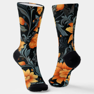 Black socks feature vibrant orange and yellow