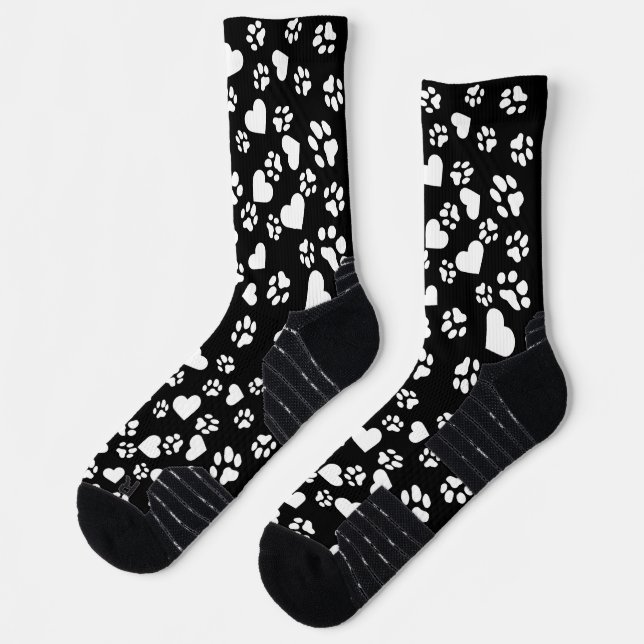 Black Socks with White Paw Prints & Heart Pattern (Left)