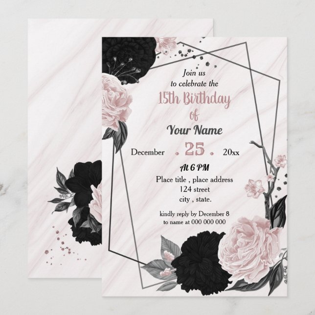 Black & soft pink floral geometric birthday party invitation (Front/Back)