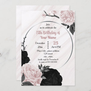 Black & soft pink floral geometric birthday party invitation