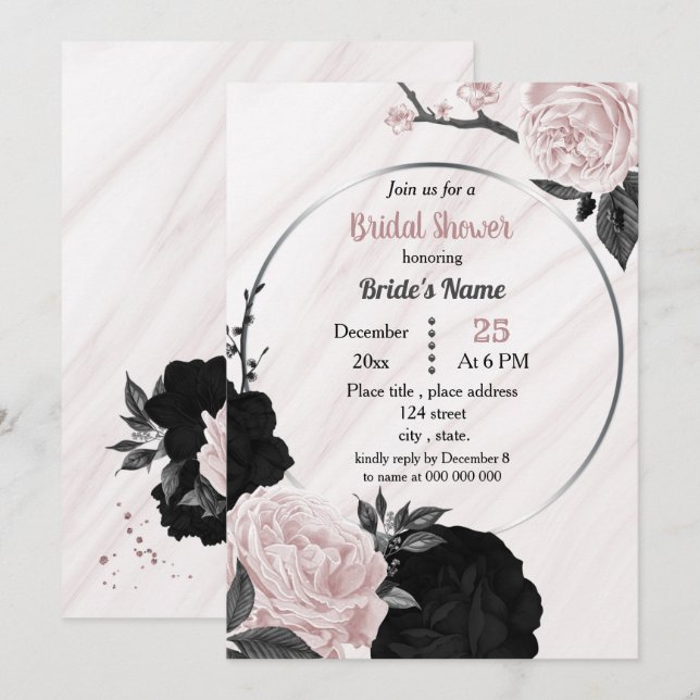Black & soft pink floral geometric bridal shower i invitation (Front/Back)