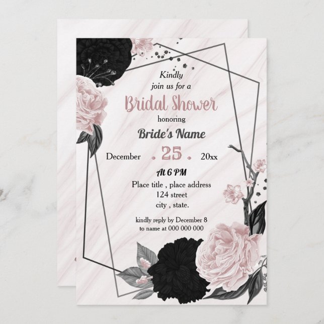 Black & soft pink floral geometric bridal shower invitation (Front/Back)