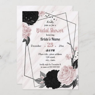 Black & soft pink floral geometric bridal shower invitation