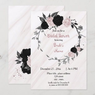 Black & soft pink floral wreath bridal shower invitation