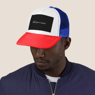Black solid add name text message here throw pillo trucker hat