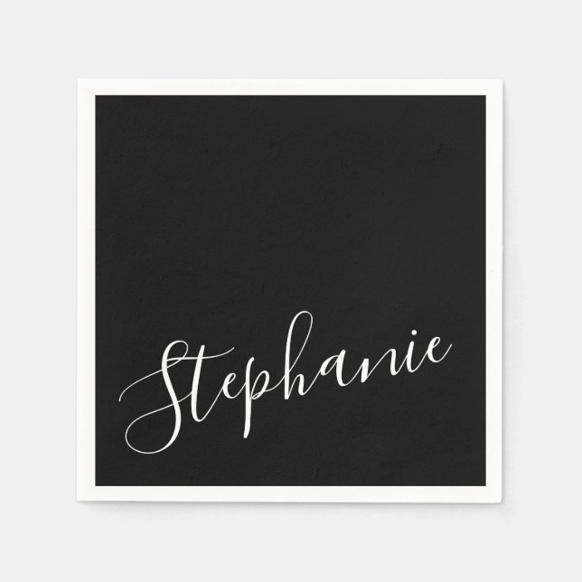 Black Solid Colour Plain Personalised Name Text Napkin (Front)