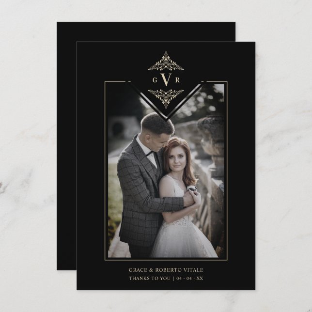 Black Sophisticate Flourish Chic Golden Initials Thank You Card (Front/Back)