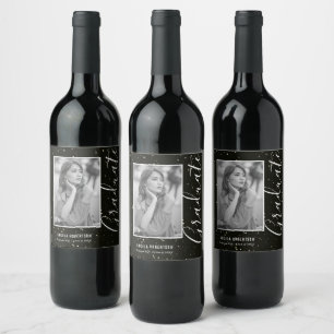 Black Space Glitter Personalised Photo Graduation Wine Label
