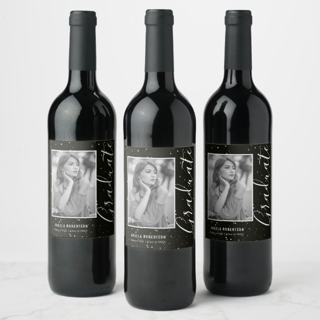 Black Space Glitter Personalised Photo Graduation Wine Label (Bottles)