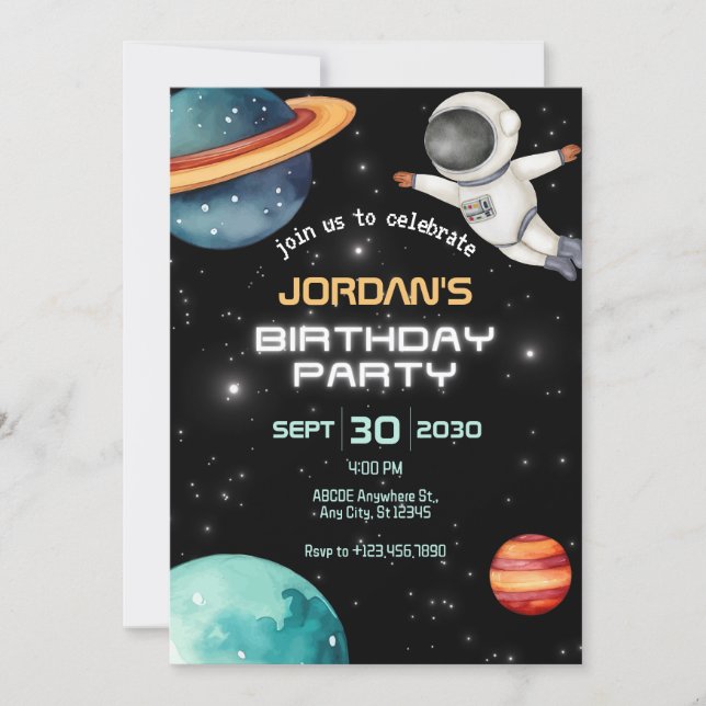 Black space planet astronaut birthday  invitation (Front)