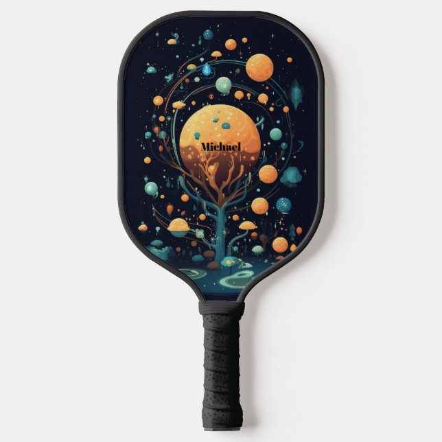 Black Space Planet Design Modern Monogram  Pickleball Paddle (Front)