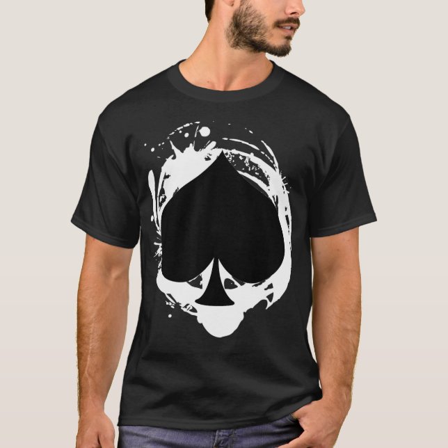 Black Spade White Splatter Outline Cool Poker Play T-Shirt (Front)