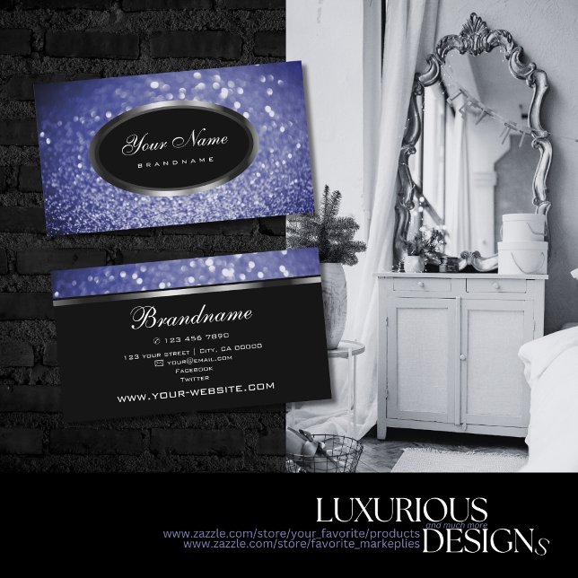 Black Sparkle Blue Glitter and Silver Oval Shape Business Card (Creator Uploaded)