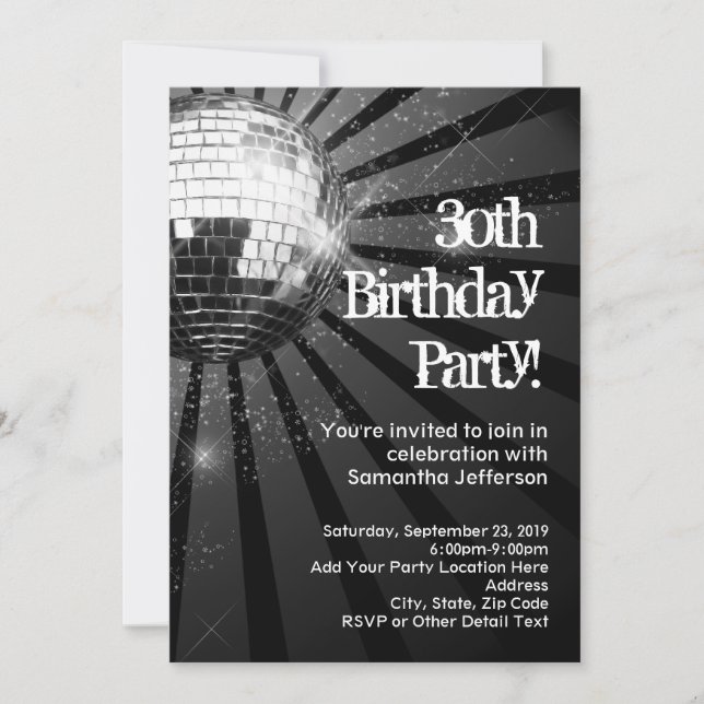 Black Sparkle Disco Ball 30th Birthday Party Invitation (Front)