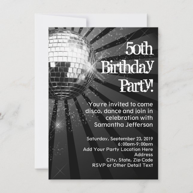 Black Sparkle Disco Ball 50th Birthday Party Invitation (Front)