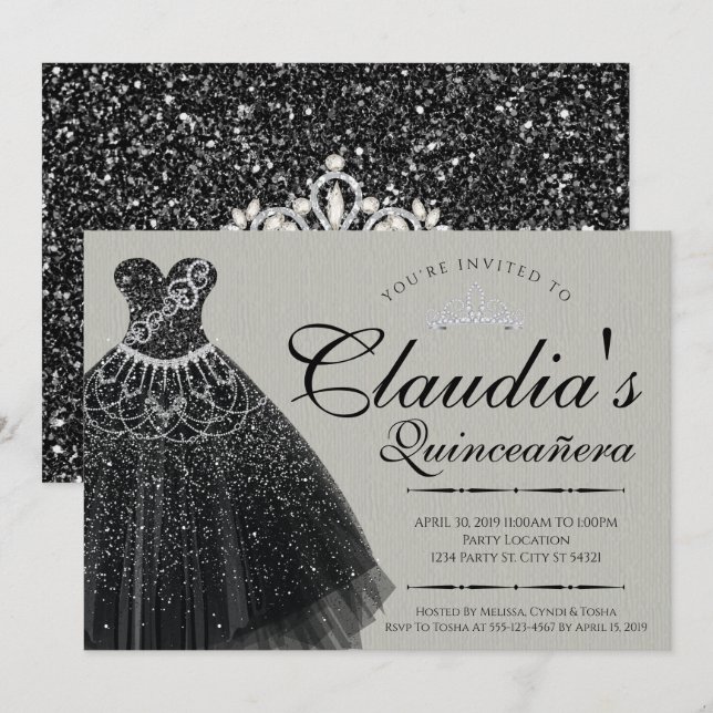 Black Sparkle, Quinceañera Dress Invitation (Front/Back)