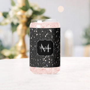 Black sparkles girly bling Custom Monogram Can Glass